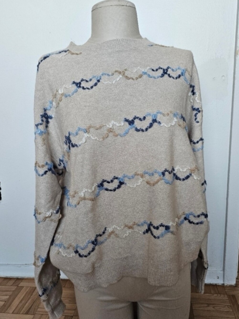 Women's Beige Crewneck Sweater with Blue & Cream
